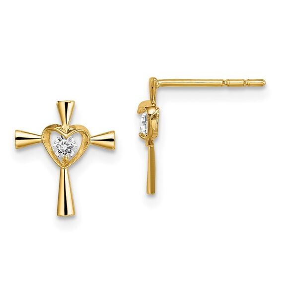 14k Yellow Gold Madi K CZ Cross with Heart Post Earrings